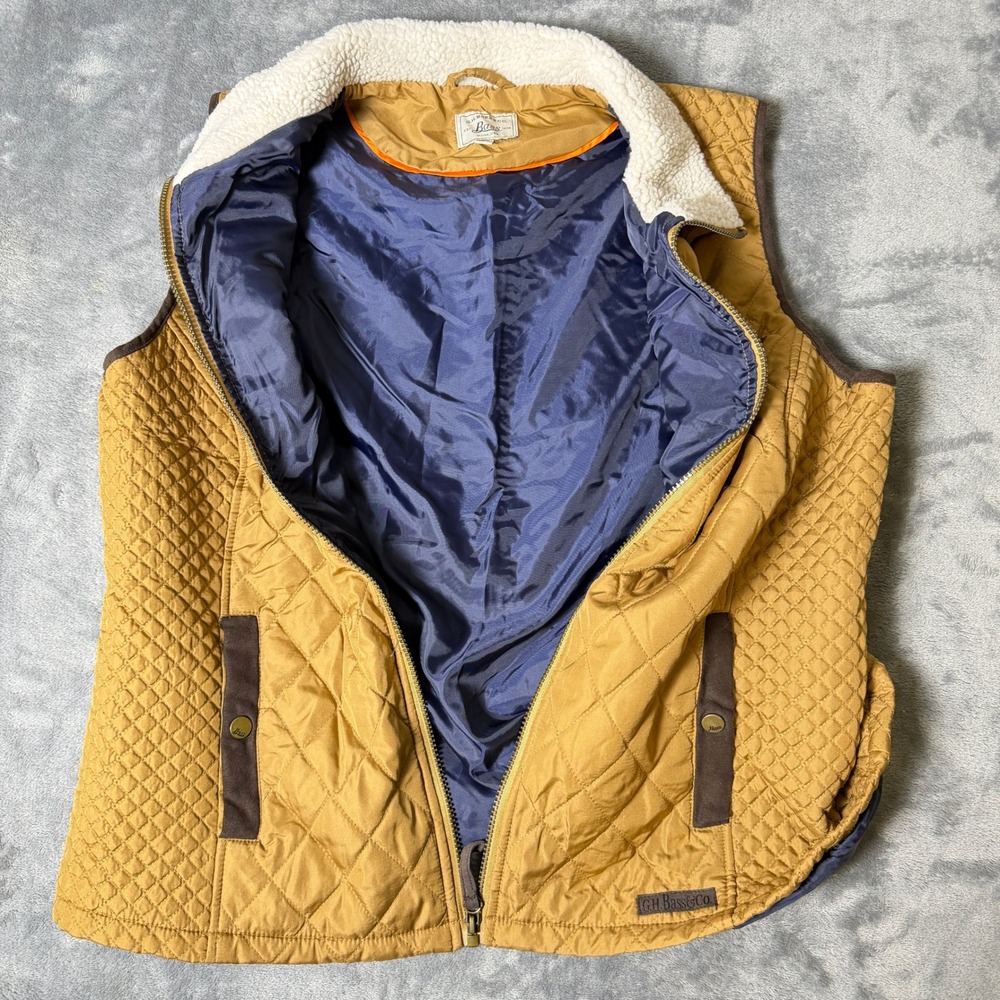 GH Bass Quilted Vest Womens 1X Tan Mustard Sherpa Collar Full Zip Puffer Vest - Picture 3 of 8